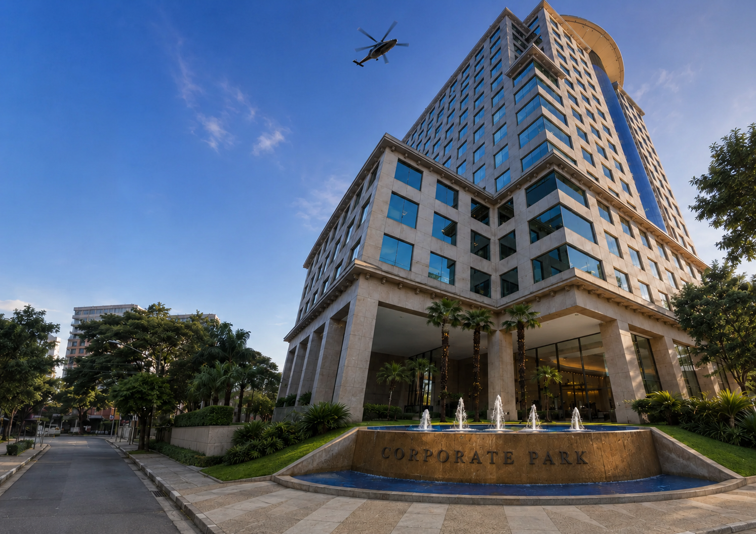 Fachada do Corporate Park com fonte e helicóptero sobrevoando o edifício